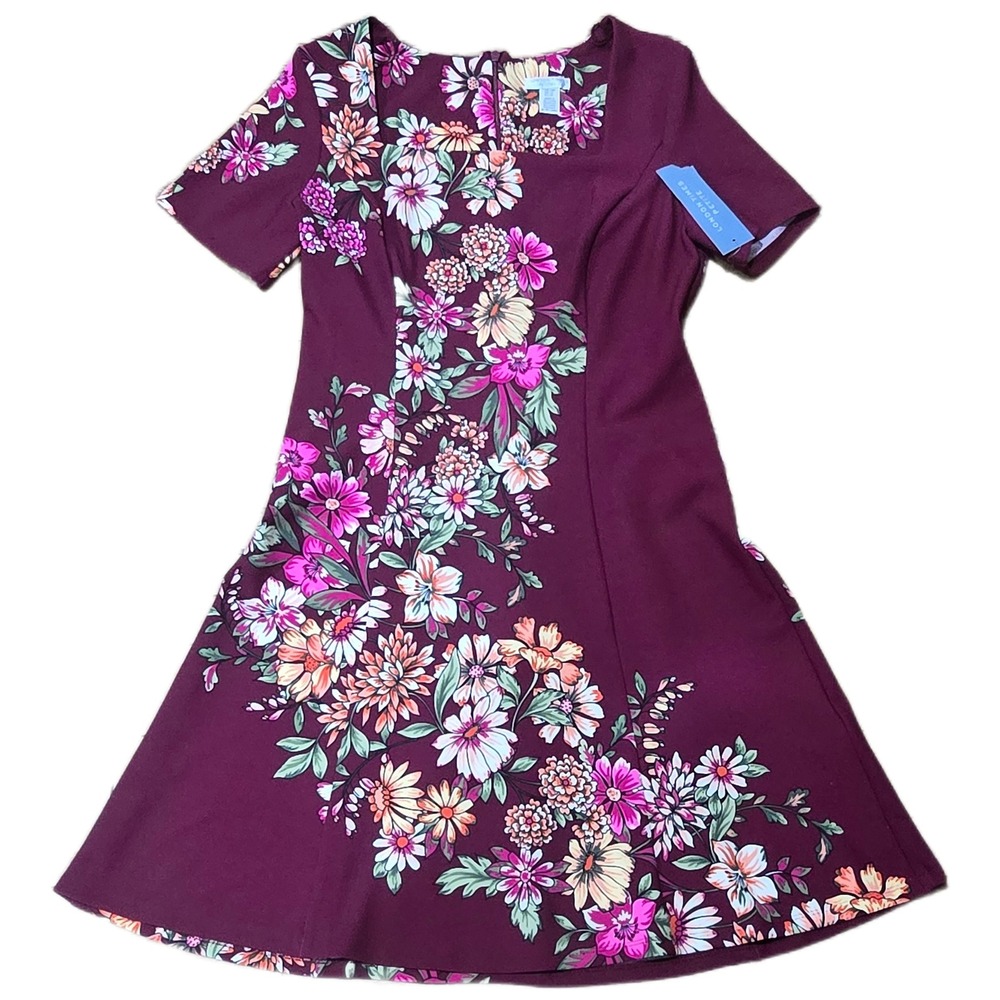 London Times Petite Plum Floral Square Neck Fit Flare Dress Size 10P NWT